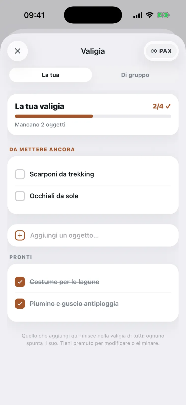 Lista valigia condivisa da spuntare